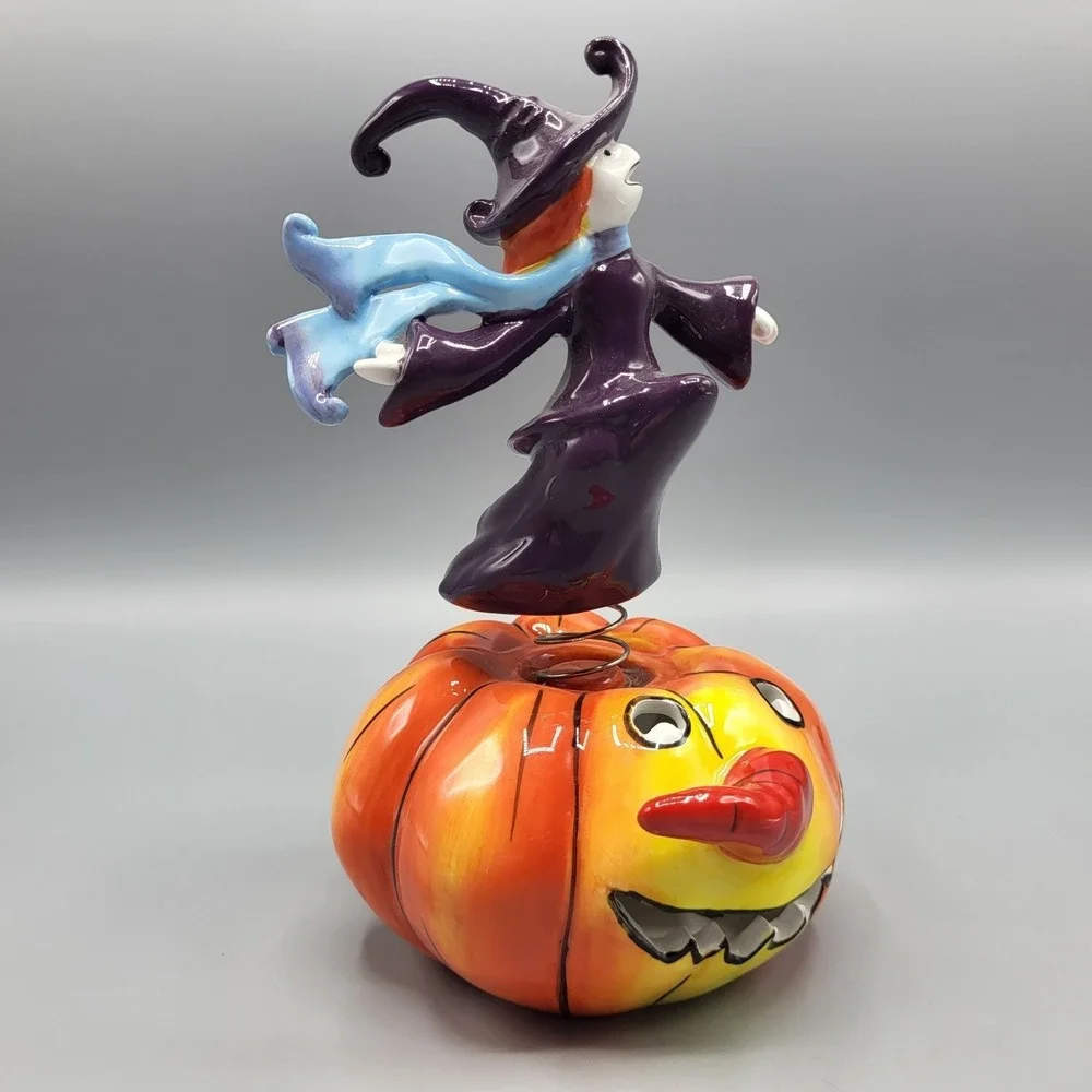Apple's Halloween Witch on Pumpkin Bobble Figurine Decor 7.5in Purple Orange